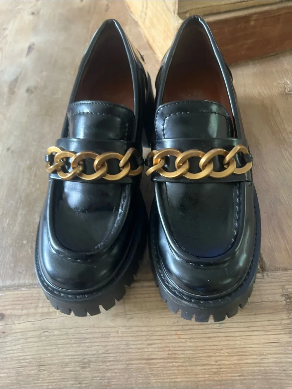 Zara woman’s Black Leather Loafers with Gold Chain